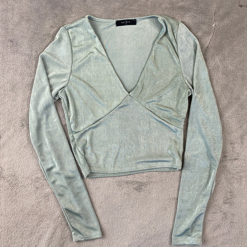 21 Saints Crop‎ Top Women S Sage Green Metallic Shimmer V-Neck Long Sleeve Wrap